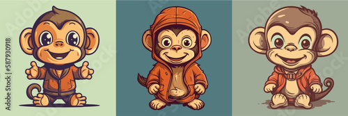 Flat color vector of happy ape set collection