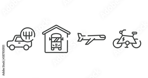 vehicles transport outline icons set. thin line icons sheet included shift, bus depot, airplane, electric bike vector.