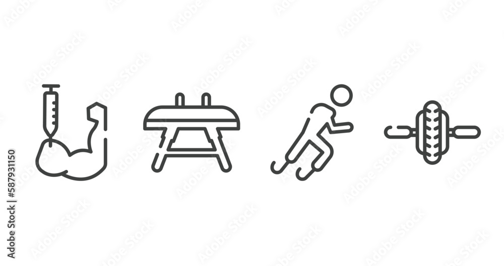 gym outline icons set. thin line icons sheet included steroids, vaulting horse, paralympics, electric unicycle vector.