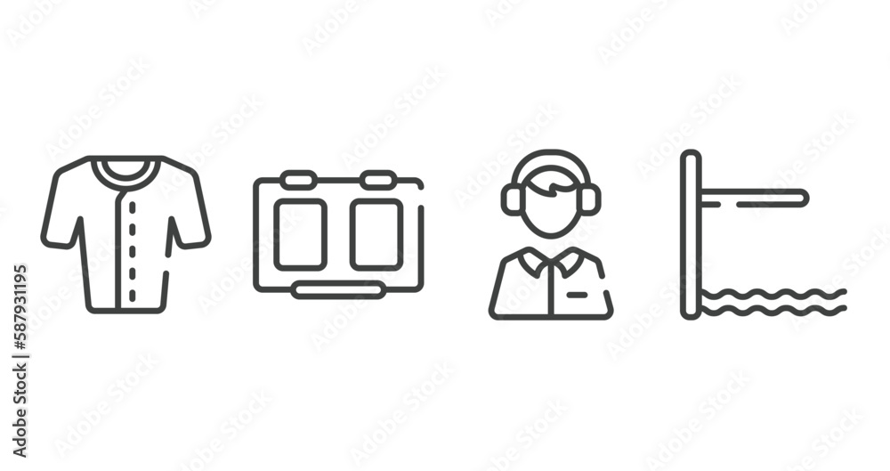 sports outline icons set. thin line icons sheet included baseball jersey, score board, sport commentor, diving board vector. sports outline icons set. thin line icons sheet included baseball jersey, score board, sport commentor, diving board vector.