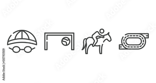 running outline icons set. thin line icons sheet included swimming hat, football goal, horse riding, race track vector.