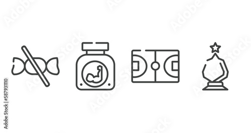winning red outline icons set. thin line icons sheet included no sweets, protein powder, basketball field, glass award vector.
