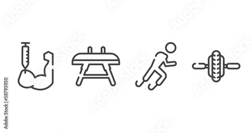 gym outline icons set. thin line icons sheet included steroids, vaulting horse, paralympics, electric unicycle vector.