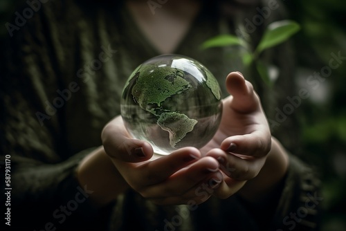 Eco-friendly green earth in hands. Generative AI