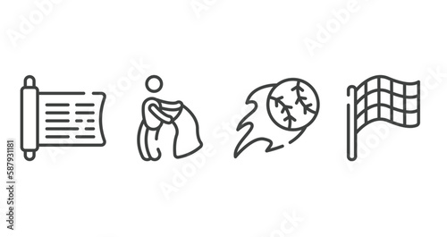 sport outline icons set. thin line icons sheet included sacred scriptures, bullfight, home run, race flag vector.