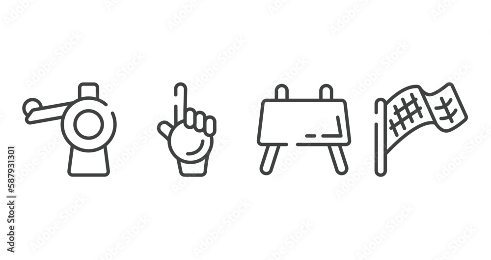 sports outline icons set. thin line icons sheet included pitching hine, foam hand, buck, checkered flag vector. sports outline icons set. thin line icons sheet included pitching hine, foam hand, buck, checkered flag vector.