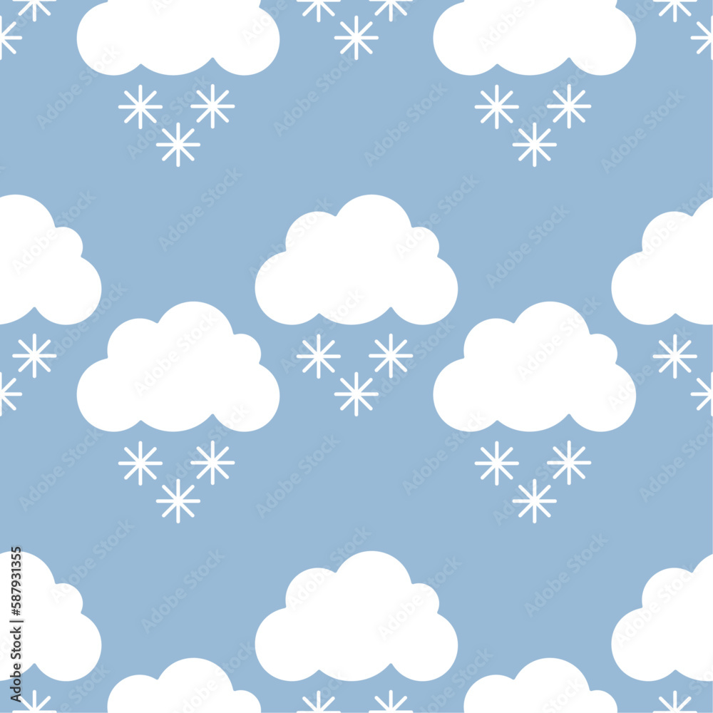 Winter sky, white clouds and snowflakes on blue background. Vector seamless pattern. Best for textile, home decor, wallpapers, wrapping paper, package and web design. Winter sky, white clouds and snowflakes on blue background. Vector seamless pattern. Best for textile, home decor, wallpapers, wrapping paper, package and web design.
