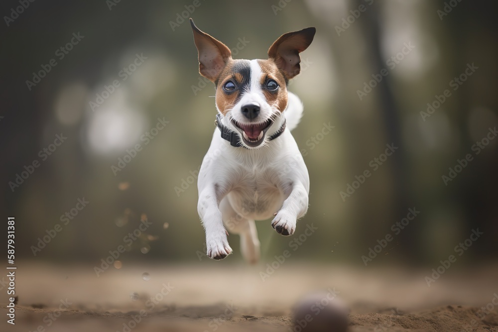 A playful and energetic Jack Russell Terrier jumping for a toy, showing off its playful and energetic nature. Generative AI