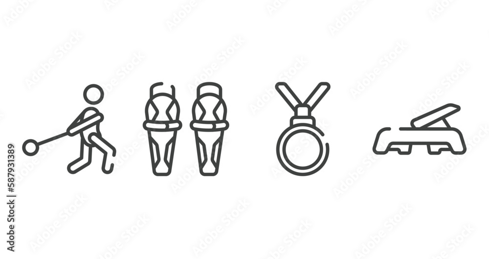 gym equipment outline icons set. thin line icons sheet included hammer throwing, shin, nobel prize, fitness step vector. gym equipment outline icons set. thin line icons sheet included hammer throwing, shin, nobel prize, fitness step vector.