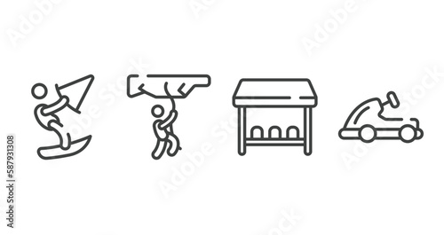 sports outline icons set. thin line icons sheet included kitesurf, rappel, team bench, go kart vector.