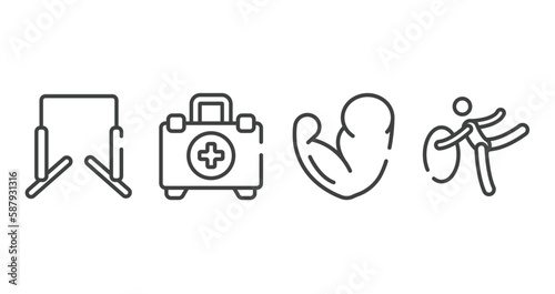 sports outline icons set. thin line icons sheet included horizontal bars, emergencies, muscles, rhythmic gymnastics vector.