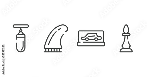 sport equipment outline icons set. thin line icons sheet included sand bag, fin, backup car, chesspiece vector.