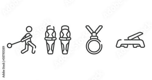 gym equipment outline icons set. thin line icons sheet included hammer throwing, shin, nobel prize, fitness step vector.