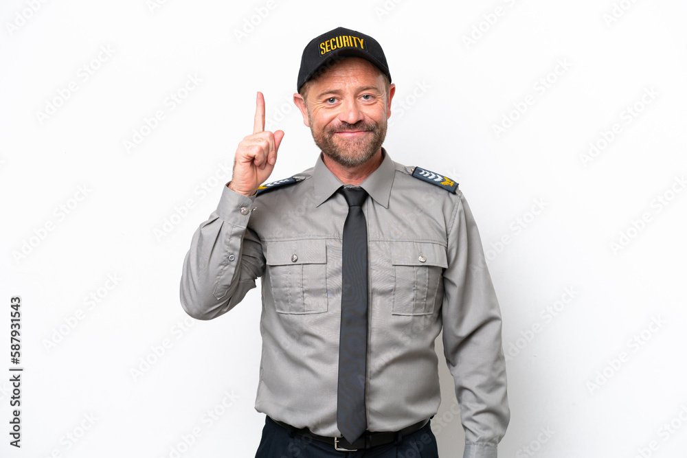 Middle age security man isolated on white background pointing with the index finger a great idea Middle age security man isolated on white background pointing with the index finger a great idea