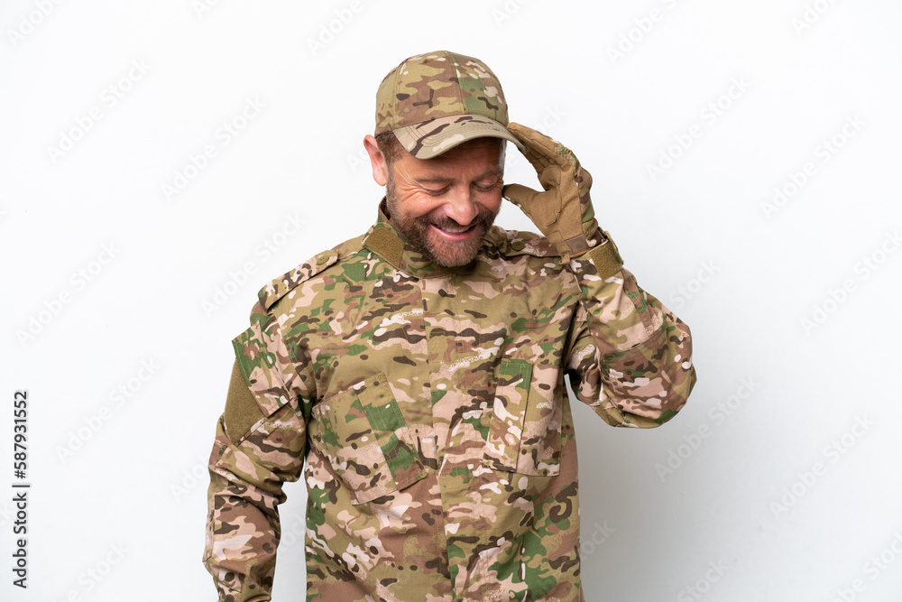 Military man isolated on white background laughing Military man isolated on white background laughing