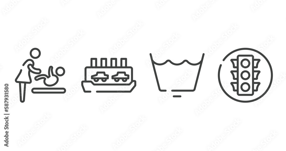 signals outline icons set. thin line icons sheet included babysitter and child, ferry carrying cars, wash cycle permanent press, round traffic vector. signals outline icons set. thin line icons sheet included babysitter and child, ferry carrying cars, wash cycle permanent press, round traffic vector.