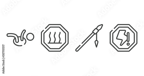 universal warning signals outline icons set. thin line icons sheet included childcare, heat, native american spear, lightning warning vector.