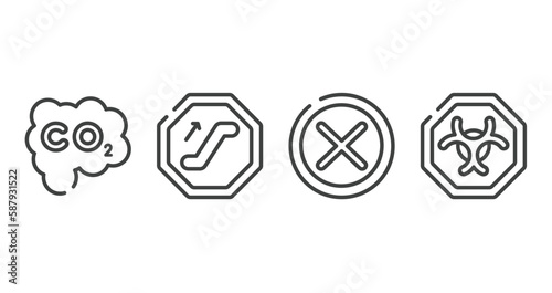 traffic signs collection outline icons set. thin line icons sheet included carbon monoxide, or, unchecked, biological hazard vector.