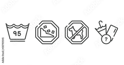 pictograms outline icons set. thin line icons sheet included 95 degrees, falling rocks, no dogs, lost items vector.