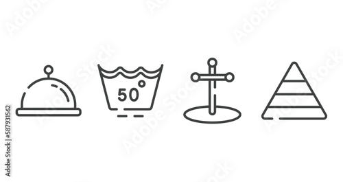 laundry instructions outline icons set. thin line icons sheet included tray with cover, null, cross stuck in ground, pyramidal structure vector.