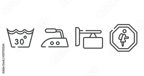 indications outline icons set. thin line icons sheet included 30 degree laundry, hot iron, store board, school zone vector.
