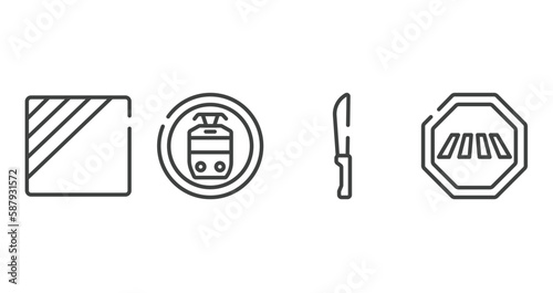 indications outline icons set. thin line icons sheet included dry in shade, tram stop, strong knife, crossing road caution vector.