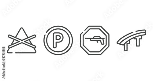 indications outline icons set. thin line icons sheet included do not bleach, p inside a circle, hunting zone, flyover bridge vector.