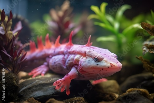 A colorful and exotic Axolotl swimming in a tank - This Axolotl is swimming in a tank, showing off its unique and exotic appearance. Generative AI © create