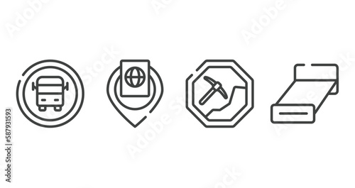 poi public places outline icons set. thin line icons sheet included school bus stop, inmigration check point, mining work zone, bed 3d view vector.