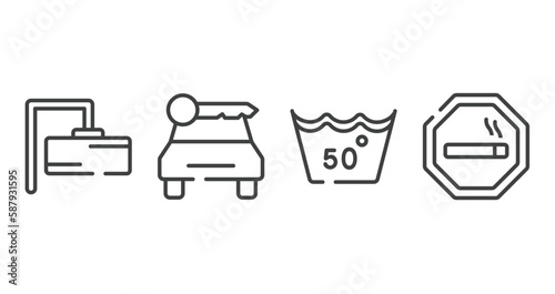 indications outline icons set. thin line icons sheet included rectangular, car rental, 50 degree laundry, smoke zone vector.