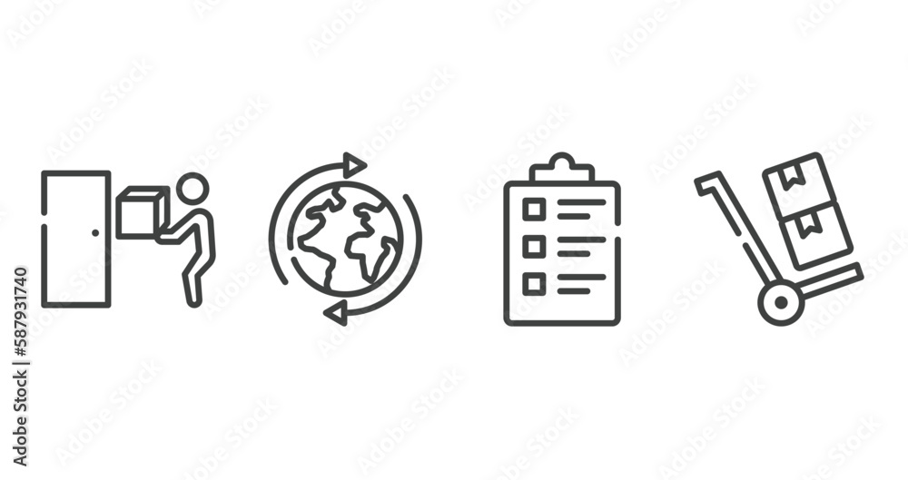 shipping and handly outline icons set. thin line icons sheet included doorstep, worldwide shipping, packing list, use hand truck vector. shipping and handly outline icons set. thin line icons sheet included doorstep, worldwide shipping, packing list, use hand truck vector.