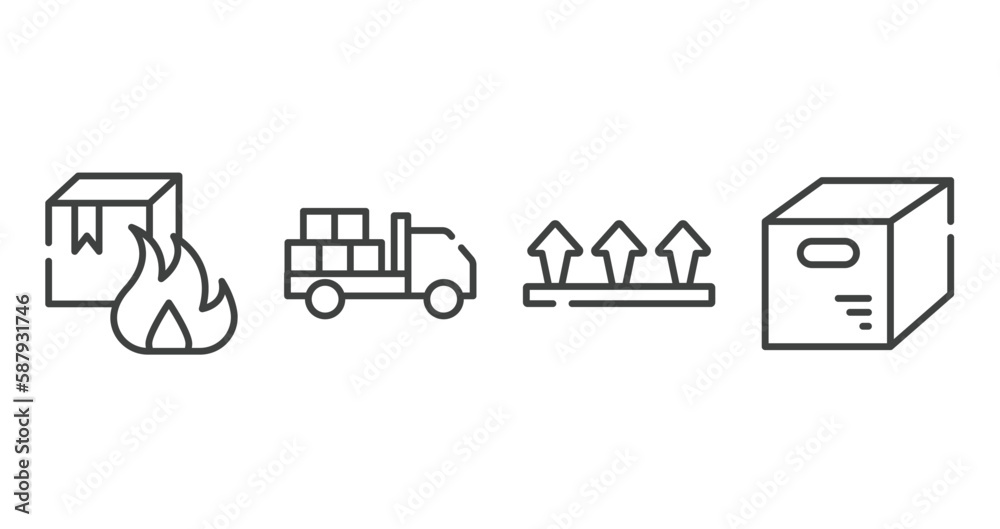 Fototapeta premium lineal logistic outline icons set. thin line icons sheet included flammable box, loaded truck, this side up, opened packaged vector.