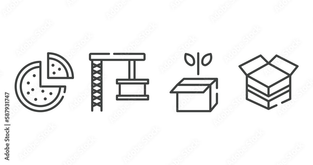 boxes outline icons set. thin line icons sheet included pizzas, container crane, green logistics, open cardboard box vector. boxes outline icons set. thin line icons sheet included pizzas, container crane, green logistics, open cardboard box vector.
