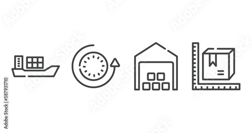 logistics outline icons set. thin line icons sheet included cargo boat, 24 hours, distribution center, parcel size vector.