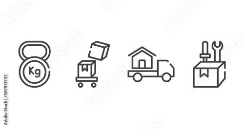 delivery element outline icons set. thin line icons sheet included weight tool, overflow, moving home, construction and tools vector.