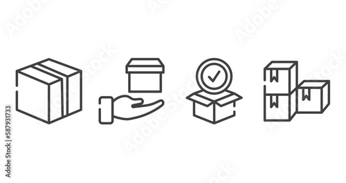 shipping and handly outline icons set. thin line icons sheet included closed cardboard box, delivery in hand, package for delivery, stack package vector.