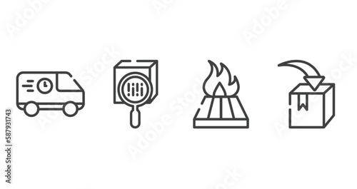 shipping and handly outline icons set. thin line icons sheet included food logistics, scan package, heat treated wood, put in box vector.