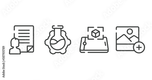 general outline icons set. thin line icons sheet included agent script, bioengineering, ar presentation, add photos vector.