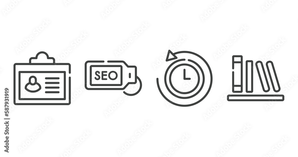 web outline icons set. thin line icons sheet included credential, seo tag, rewind time, calibre vector. web outline icons set. thin line icons sheet included credential, seo tag, rewind time, calibre vector.