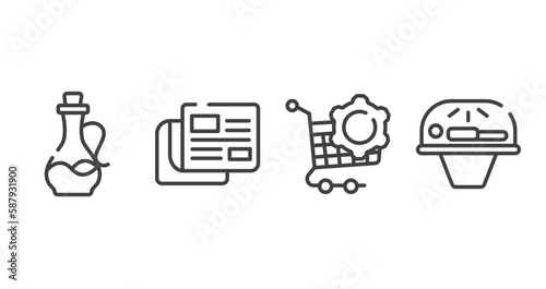 general outline icons set. thin line icons sheet included massage oil, news feed, procurement, solarium vector.