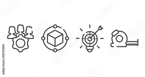 general outline icons set. thin line icons sheet included project team, model preparation, marketing strategy, tape measure vector.