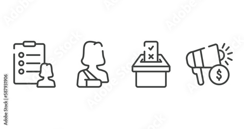 general outline icons set. thin line icons sheet included profile list, shoulder immobilizer, referendum, marketing budget vector.
