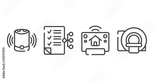 general outline icons set. thin line icons sheet included smart speaker, smart contract, smart home hub, mri scanner vector.