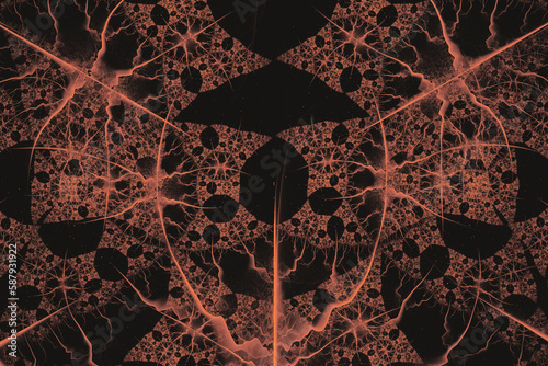 Red pattern of curved shapes and waves on a black background. Abstract fractal 3D rendering