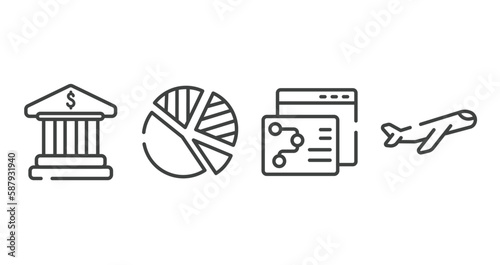 business and finance outline icons set. thin line icons sheet included bank building, pie chart with piece, seo strategy, inclined airplane vector.