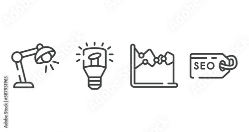 marketing and seo outline icons set. thin line icons sheet included study light, light modern lamp tool, dual chart, seo tags vector.