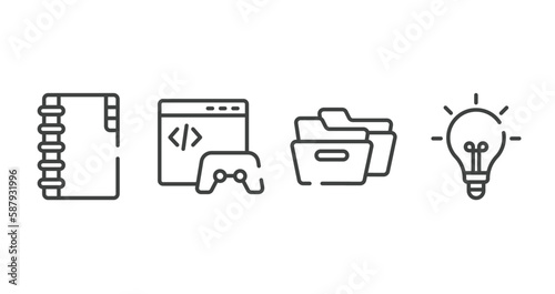 business pack outline icons set. thin line icons sheet included big portfolio, game developing, two black folders, lightbulb black tool shape vector.