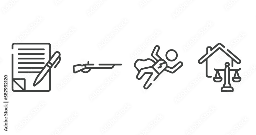 law and justice outline icons set. thin line icons sheet included wills and trusts, shotgun, crime scene, real estate law vector. law and justice outline icons set. thin line icons sheet included wills and trusts, shotgun, crime scene, real estate law vector.