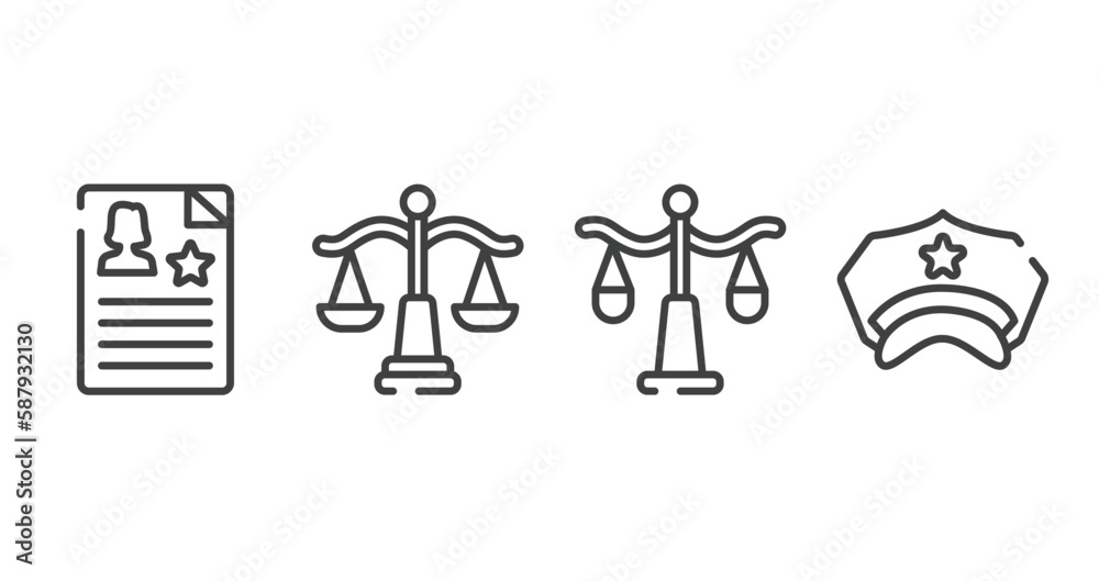 law and justice outline icons set. thin line icons sheet included criminal record, law balance, justice scale, police hat vector. law and justice outline icons set. thin line icons sheet included criminal record, law balance, justice scale, police hat vector.