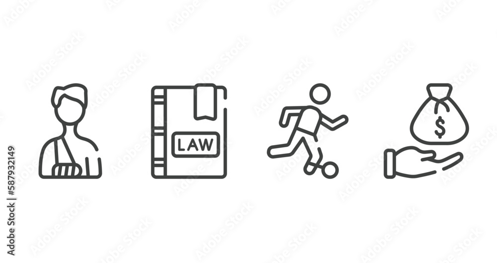 law and justice outline icons set. thin line icons sheet included accident and injuries, law book, escape, bribery vector.
